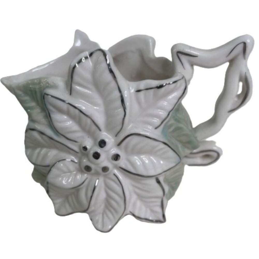 Poinsettia Creamer Cream Pitcher White Vintage Ceramic 4" Green Silver Trim Xmas